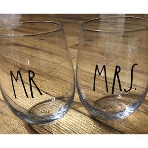 Rae Dunn Mr & Mrs Stemless Wine Glasses Set Of 2 .